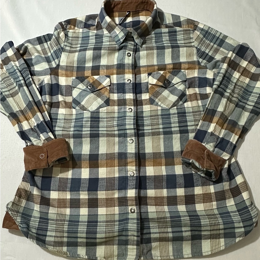 KÜHL Plaid Flannel Shirt Corduroy Trim Long Sleeve Button Up Women's L